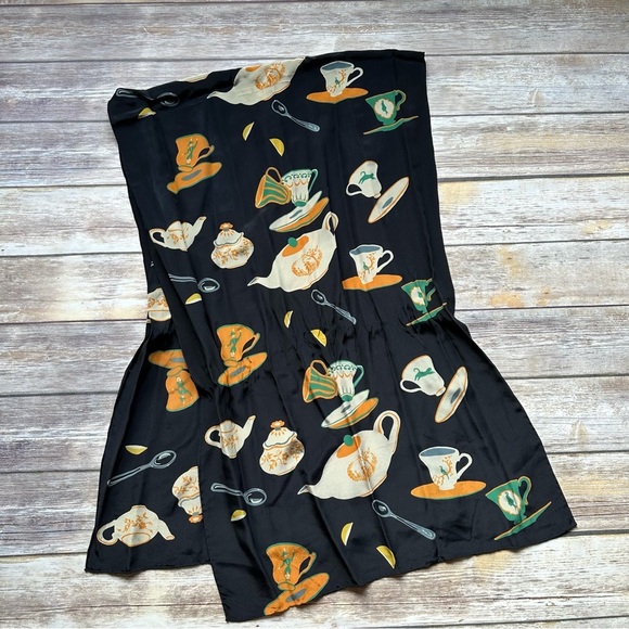 Vintage 100% Silk Wide Long Scarf Teapot Teacups Print - Picture 1 of 8